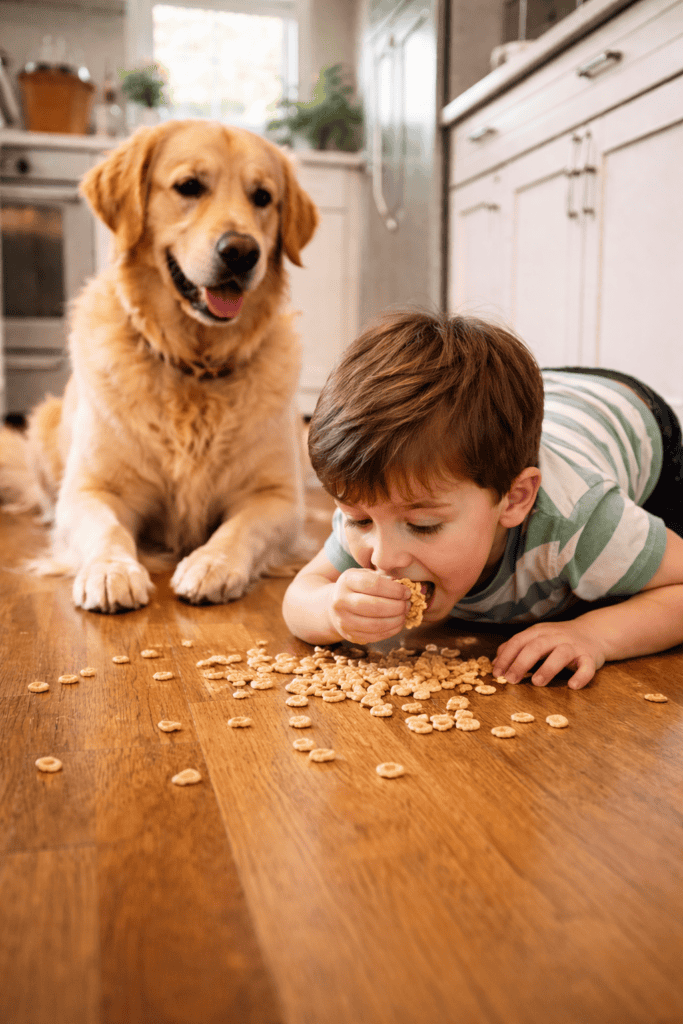 ChatGPT Dog kid eating off floor